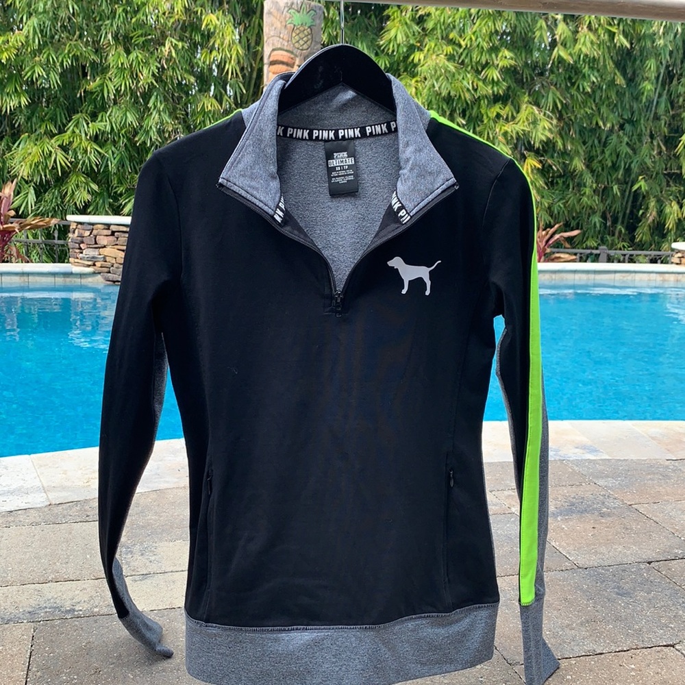 Pink brand half zip. Gray and black with neon yellow. XS